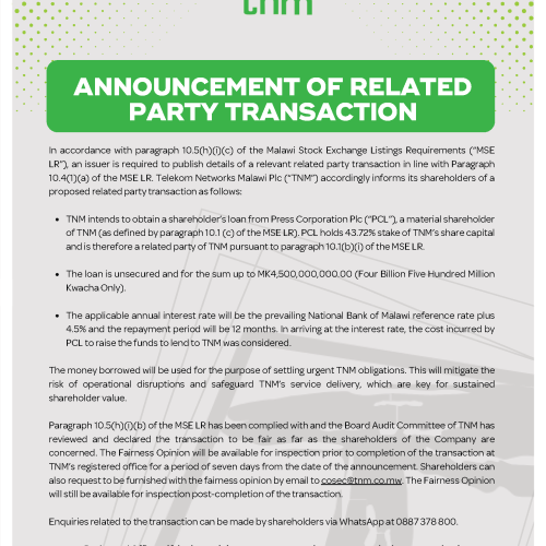 TNM Announces Related Party Transaction with Press Corporation Plc