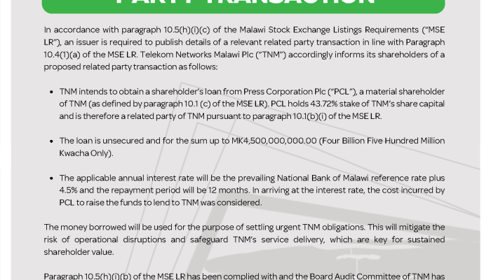 TNM Announces Related Party Transaction with Press Corporation Plc