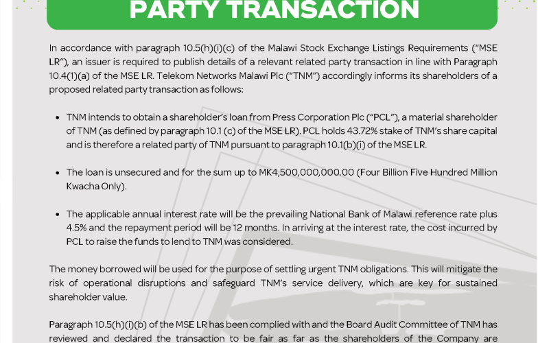 TNM Announces Related Party Transaction with Press Corporation Plc